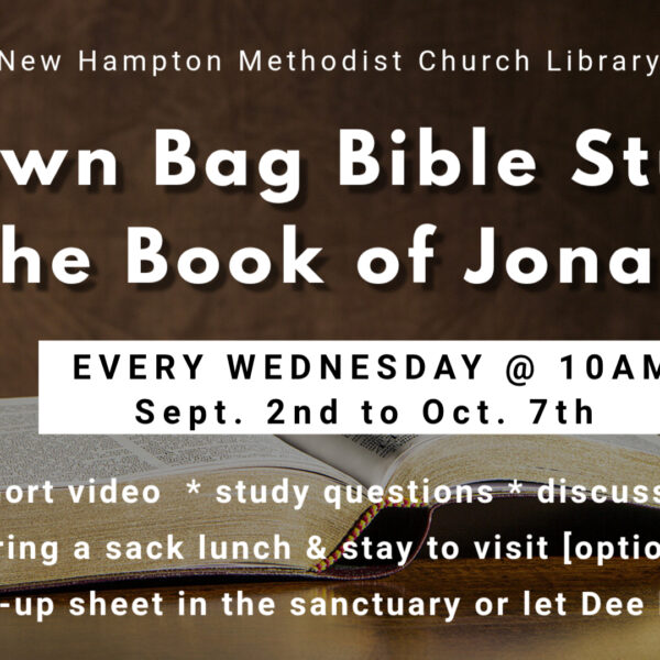 Join us in the church library for a brown bag bible study. This will be a study on the book of Jonah followed by bring your own sack lunch! This bible study will be held every Wednesday from September 2nd to October 7th at 10am. Please see the sign-up sheet in the lobby or let Dee know if you would like to attend.